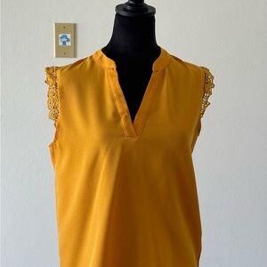 SHEIN Mustard Lace Trim Blouse